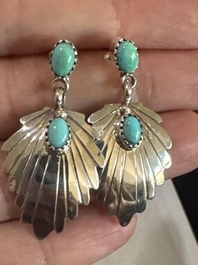 Running Bear Navajo Sterling Silver Turquoise Fan Feather Post Dangle Earrings